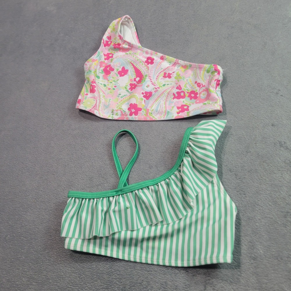 Crown & Ivy Swim Tops Girls Size 5 Pink Green Paisley Striped One Shoulder 2pc